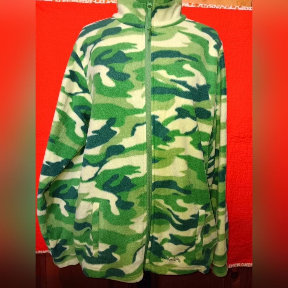 Cabela's Kids Camo Green Sweater Hunting Gear Fleece Full Zip Jacket XL Unisex